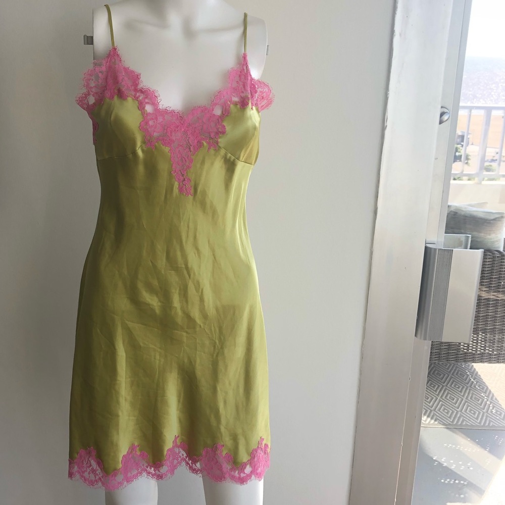 Green silk and pink lace nightgown cami dress